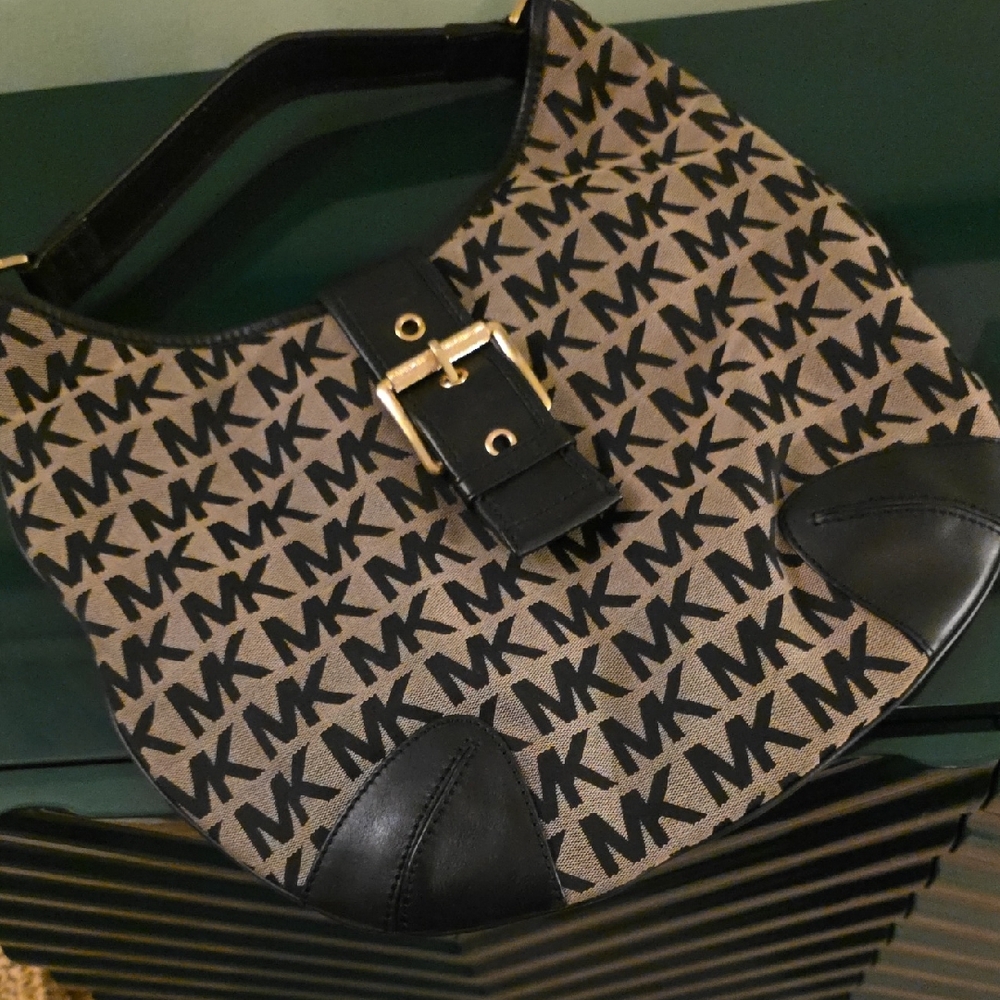 Michael Kors Black and Brown Monogram Hobo Bag